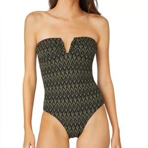 Shoshanna‎ Sz 2 Shimmer U Wire One Piece Bandeau Swimsuit Olive Green Black